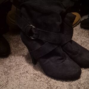 Forever Link Black Suede-Look Ankle Heeled Boots with Wrap Buckle
